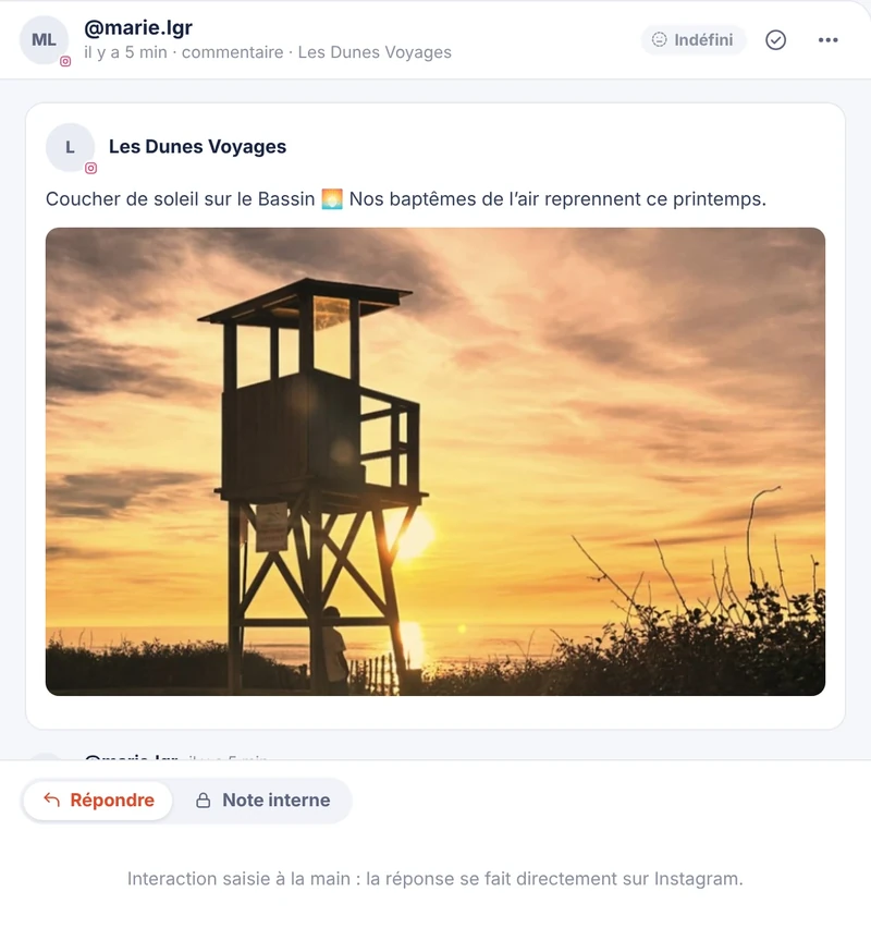 Un commentaire Instagram dans la boîte de réception