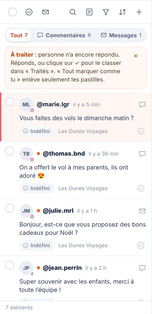 Liste des messages à traiter