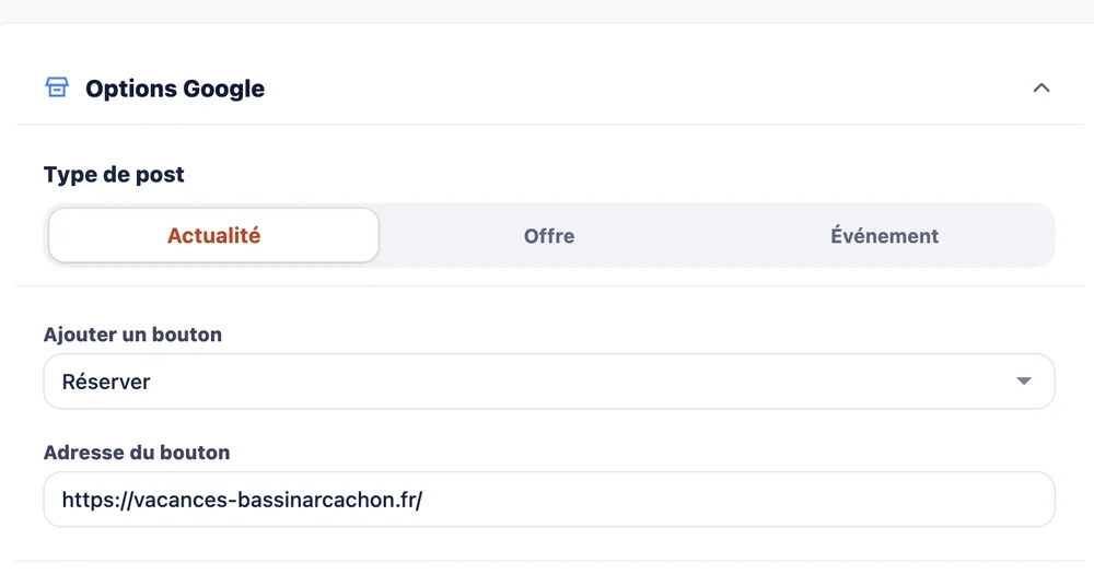 Options Google dans la fenêtre de post : actualité, offre ou événement, bouton et adresse du bouton