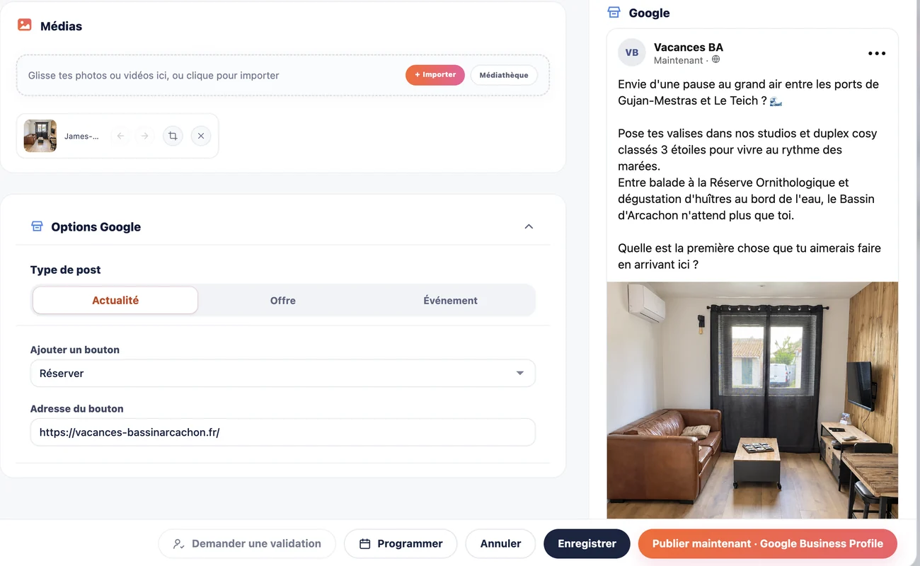 Préparation d’une actualité Google avec photo et bouton « Réserver », et son aperçu sur la fiche