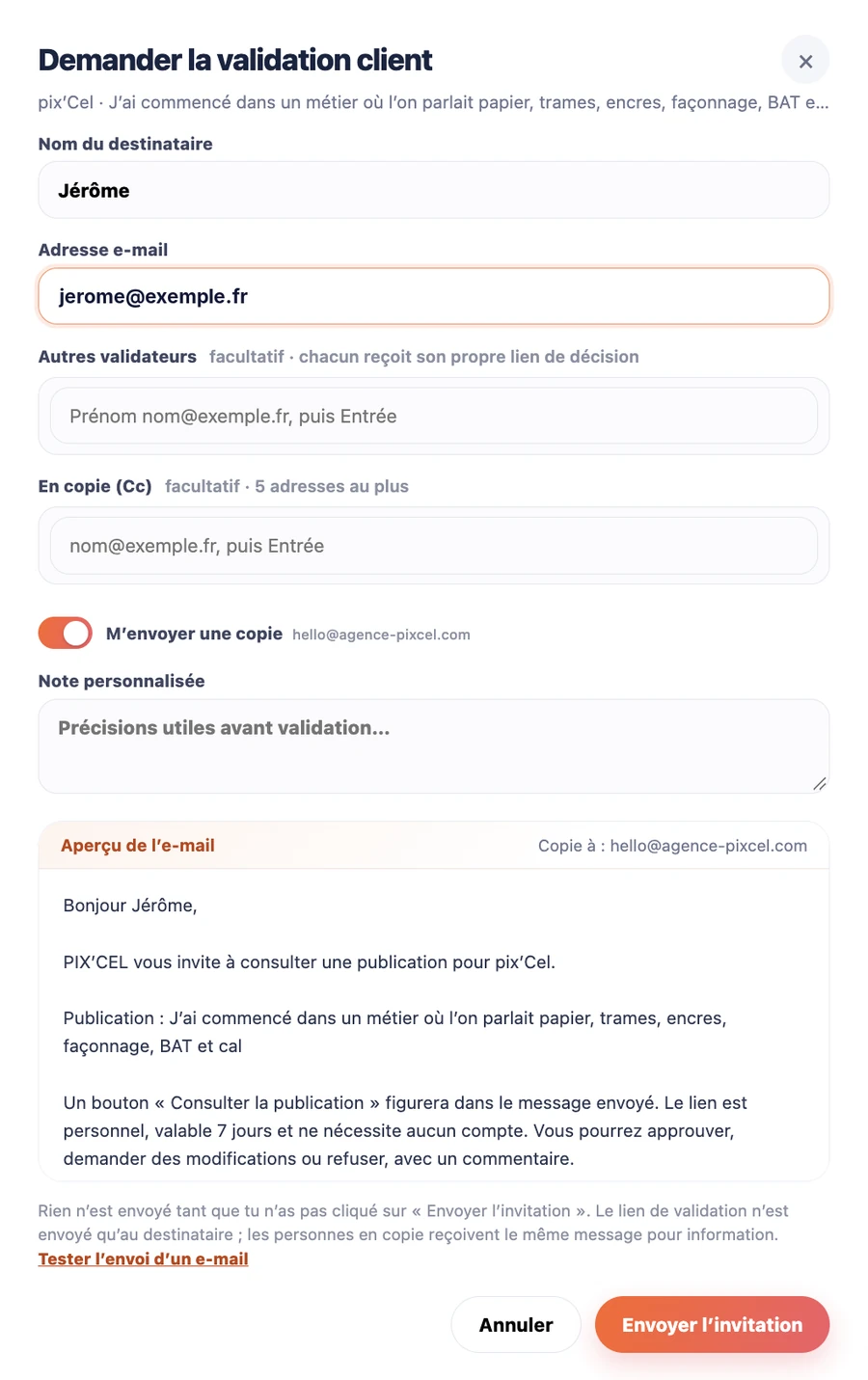 Demander la validation client