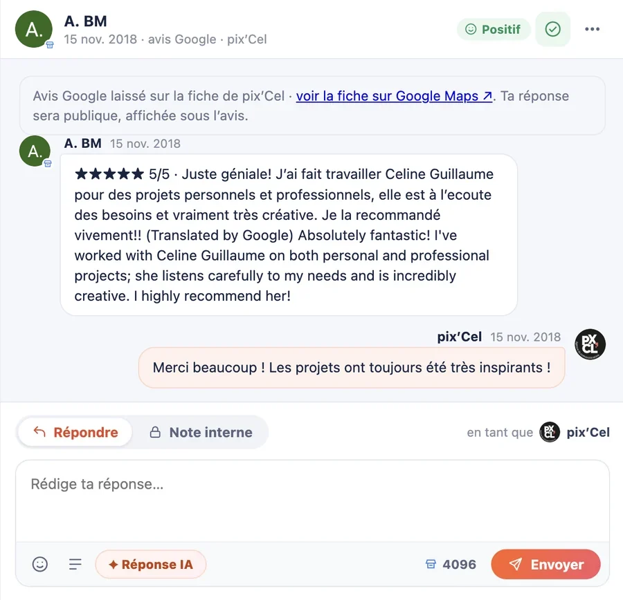 Un avis Google et sa réponse