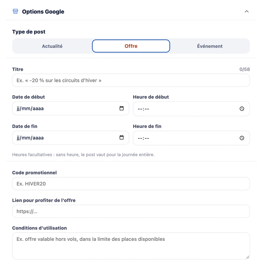 Options Google : actualité, offre ou événement