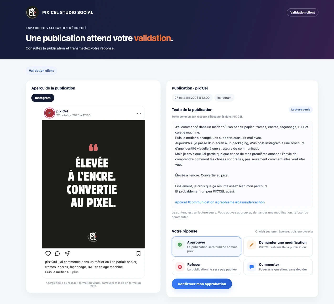 Page de validation vue par le client